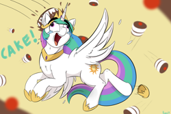 Size: 1500x1000 | Tagged: safe, artist:rapid9, princess celestia, alicorn, pony, g4, cake, cakelestia, crying, female, food, hoof shoes, mare, open mouth, open smile, sillestia, silly, silly pony, smiling, solo, tears of joy