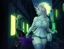 Size: 3296x2546 | Tagged: safe, artist:askbubblelee, oc, oc only, oc:rosie quartz, bat, cat, unicorn, anthro, unguligrade anthro, anthro oc, breasts, cleavage, clothes, digital art, female, full moon, high res, hoodie, horn, lamppost, looking back, mare, moon, night, pet carrier, stalker, story in the source, street, unicorn oc
