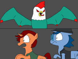 Size: 2000x1500 | Tagged: safe, artist:blazewing, oc, oc only, oc:syntax, oc:tough cookie, cockatrice, pony, unicorn, 2 panel comic, atg 2023, clothes, comic, drawpile, duo, fangs, fedora, female, glasses, gray background, hat, jacket, male, mare, newbie artist training grounds, open mouth, panicking, raised hoof, rearing, scared, shrunken pupils, simple background, spread wings, stallion, vest, wings
