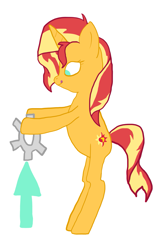Size: 1155x1770 | Tagged: safe, artist:wissle, sunset shimmer, pony, unicorn, g4, arrow, atg 2023, bipedal, female, gear, looking down, mare, newbie artist training grounds, simple background, solo, tongue out, white background