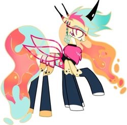 Size: 836x821 | Tagged: safe, artist:honeyofpeaches, alicorn, changeling, changeling queen, changepony, demon, demon pony, hybrid, pony, adoptable, antennae, beelzebub, beelzebub (helluva boss), changelingified, clothes, coat markings, colored horn, concave belly, deadly sin, ear piercing, earring, fangs, female, hellaverse, hellborn, helluva boss, horn, insect wings, jewelry, mare, multiple legs, multiple limbs, neck fluff, piercing, ponified, queen bee (episode), raised hoof, shorts, simple background, sin of gluttony, six legs, slender, socks (coat markings), solo, species swap, thin, transparent wings, white background, wings