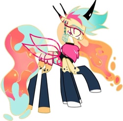 Size: 836x821 | Tagged: safe, artist:honeyofpeaches, alicorn, changeling, changeling queen, changepony, demon, demon pony, hybrid, pony, adoptable, antennae, beelzebub, beelzebub (helluva boss), changelingified, clothes, coat markings, colored horn, concave belly, deadly sin, ear piercing, earring, fangs, female, hellaverse, hellborn, helluva boss, horn, insect wings, jewelry, mare, multiple legs, multiple limbs, neck fluff, piercing, ponified, queen bee (episode), queen bee-lzebub, raised hoof, shorts, simple background, sin of gluttony, six legs, slender, socks (coat markings), solo, species swap, thin, transparent wings, white background, wings