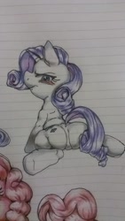 Size: 720x1280 | Tagged: safe, artist:nekubi, rarity, pony, unicorn, g4, blushing, butt, colored pencil drawing, female, grumpy, lined paper, looking at you, looking back, looking back at you, mare, plot, sitting, sketch, traditional art