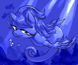 Size: 600x500 | Tagged: safe, artist:nekubi, sea pony, bubble, crepuscular rays, fins, looking at you, ocean, solo, swimming, underwater, water