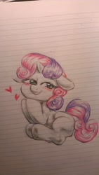 Size: 720x1280 | Tagged: safe, artist:nekubi, sweetie belle, pony, unicorn, g4, blushing, colored pencil drawing, female, filly, foal, heart, hoof on chin, lined paper, sitting, sketch, smiling, solo, traditional art