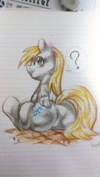 Size: 1152x2048 | Tagged: safe, artist:nekubi, derpy hooves, pegasus, pony, g4, bubble butt, butt, colored pencil drawing, female, lined paper, looking back, mare, plot, question mark, sitting, sketch, solo, traditional art