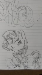 Size: 720x1280 | Tagged: safe, artist:nekubi, rarity, pony, unicorn, g4, female, frown, hair over one eye, lined paper, mare, raised hoof, sketch, sweat, traditional art