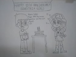 Size: 1875x1393 | Tagged: safe, artist:aldringaldofightww2, sunset shimmer, oc, oc:aldrin galdo, human, equestria girls, g4, anniversary art, cake, canon x oc, food, grayscale, monochrome, surprise party, traditional art