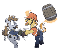 Size: 2600x2100 | Tagged: safe, artist:php104, oc, oc only, oc:crane, oc:littlepip, pony, unicorn, fallout equestria, barrel, clothes, eyes closed, hard hat, hat, high res, hoofshake, magic, pipbuck, shaking, shaking hoof, simple background, telekinesis, transparent background