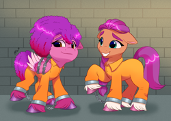 Size: 4961x3508 | Tagged: safe, artist:haruh_ink, ruby jubilee, sunny starscout, earth pony, pegasus, pony, g5, bound wings, clothes, coat markings, cuffed, cuffs, duo, female, jumpsuit, mare, never doubt rainbowdash69's involvement, prison outfit, prisoner, prisoner rj, prisoner ss, shackles, socks (coat markings), unshorn fetlocks, wings