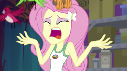Size: 1280x720 | Tagged: safe, screencap, fluttershy, bird, human, equestria girls, g4, my little pony equestria girls: legend of everfree, bare shoulders, butterfly hairpin, clothes, eyes closed, female, frightened, open mouth, screaming, solo