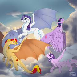 Size: 4000x4000 | Tagged: safe, artist:kyr0maniac, rarity, starlight glimmer, sunset shimmer, twilight sparkle, dragon, feathered dragon, g4, dragoness, dragonified, feathered wings, female, flying, glimmerdragon, grin, paw pads, raridragon, sky, sky background, smiling, species swap, sunset dragon, twilidragon, wings