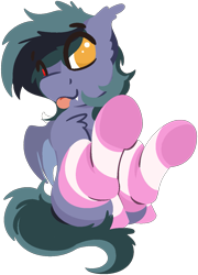 Size: 947x1315 | Tagged: safe, artist:rhythmpixel, oc, oc only, oc:scrimmy, bat pony, pony, :p, bat pony oc, bat wings, chest fluff, clothes, ear fluff, fangs, gift art, heterochromia, male, male oc, pixel art, pony oc, simple background, socks, solo, striped socks, thigh highs, tongue out, transparent background, wings