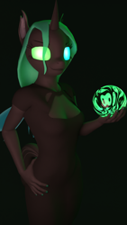 Size: 1080x1920 | Tagged: safe, artist:kamimation, oc, oc only, oc:soulseeker, changeling, anthro, 3d, 3d model, blender, clothes, crystal ball, dress, hand on hip, horn, looking at you, multicolored eyes, simple background, solo, spirit, wings