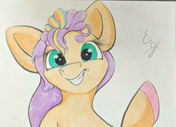 Size: 2254x1636 | Tagged: safe, artist:engi, sunny starscout, earth pony, pony, g5, female, floppy ears, looking at you, mane stripe sunny, mare, signature, simple background, smiling, solo, traditional art, watercolor painting