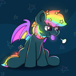 Size: 1300x1300 | Tagged: safe, artist:okopod, oc, oc only, oc:prism star, bat pony, pony, :p, abstract background, annoyed, bat pony oc, bat wings, closed mouth, cute, glowing, glowing eyes, glowing mane, glowing mouth, glowing tail, glowing wings, heterochromia, irritated, male, male oc, pony oc, sigh, simple background, solo, spread wings, stallion, tail, tongue out, wings