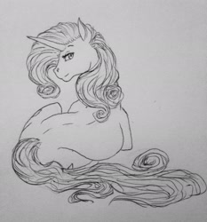 Size: 2448x2632 | Tagged: safe, artist:crazyaniknowit, rarity, pony, unicorn, g4, female, high res, lacrimal caruncle, looking at you, looking back, looking back at you, lying down, mare, monochrome, prone, solo, traditional art