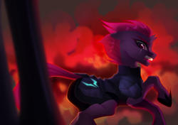 Size: 4961x3485 | Tagged: safe, artist:eiirine, fizzlepop berrytwist, tempest shadow, pony, unicorn, g4, my little pony: the movie, angry, armor, broken horn, female, hopping, horn, lineless, mare, open mouth, red light, running, scar, screaming, smoke, solo, wind