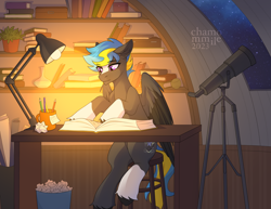 Size: 3354x2589 | Tagged: safe, artist:chamommile, oc, oc only, oc:tornado turbulence, pegasus, pony, astrology, ball, book, bookshelf, commission, desk lamp, full body, high res, light, looking down, pegasus oc, pencil, reading, stars, table, telescope, tennis ball, working, ych result