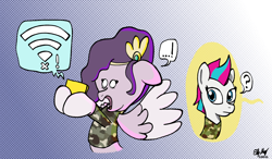 Size: 1200x700 | Tagged: safe, artist:ebbysharp, pipp petals, zipp storm, pegasus, pony, g5, ..., atg 2023, blank eyes, camouflage, cellphone, coat markings, confused, diadem, duo, duo female, exclamation point, female, gimp, gradient background, headband, horrified, jewelry, mare, newbie artist training grounds, phone, question mark, regalia, royal sisters (g5), screaming, siblings, sisters, smartphone, socks (coat markings), speech bubble, spread wings, tongue out, wings