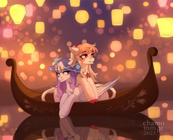 Size: 3264x2634 | Tagged: safe, artist:chamommile, oc, oc only, pegasus, pony, unicorn, boat, commission, couple, date, date night, festival, full body, happy, high res, horn, lamp, lantern, lantern festival, looking at each other, looking at someone, looking up, pegasus oc, reflection, smiling, smiling at each other, unicorn oc, water, ych result