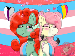 Size: 1600x1200 | Tagged: safe, artist:gray star, derpibooru exclusive, oc, oc only, oc:sunny side(gray star), oc:wella heartsong, earth pony, pony, blushing, bow, demisexual, demisexual pride flag, ear blush, female, floppy ears, french kiss, glasses, hair bow, kissing, not fluttershy, not tree hugger, pansexual, pansexual pride flag, pride, pride flag, pride month, shipping, t4t, trans female, transgender, transgender oc, transgender pride flag