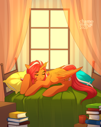 Size: 2993x3755 | Tagged: safe, artist:chamommile, oc, oc only, oc:sunfire, alicorn, pony, bed, bedroom, book, commission, eyes closed, female, full body, high res, light, morning, morning ponies, orange pony, red hair, sleeping, sleepy, solo, ych result