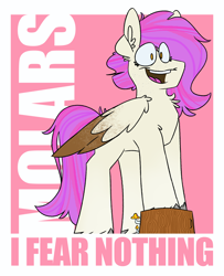 Size: 3000x3700 | Tagged: safe, artist:grandfinaleart, oc, oc only, oc:molars, pegasus, pony, digital art, female, folded wings, high res, looking at you, mare, pegasus oc, pink hair, pink mane, pink tail, poster, poster parody, simple background, smiling, smiling at you, solo, tail, unshorn fetlocks, wings, yellow eyes