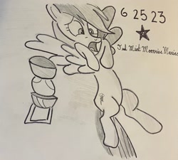 Size: 2459x2210 | Tagged: safe, artist:mlpfantealmintmoonrise, rainbow dash, pegasus, pony, 28 pranks later, g4, season 6, atg 2023, female, flying, high res, lantern, mare, newbie artist training grounds, pen drawing, pencil drawing, photo, scared, scaredy dash, screaming, signature, solo, traditional art