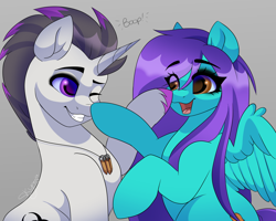 Size: 2500x2000 | Tagged: safe, artist:skyboundsiren, oc, oc only, oc:haze rad, oc:swing time, pegasus, pony, unicorn, boop, commission, duo, female, halfbody, high res, male, mare, mutual booping, smiling, stallion