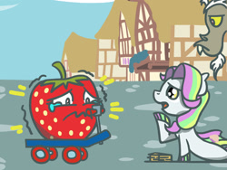 Size: 1800x1350 | Tagged: safe, artist:flutterluv, part of a set, apple bloom, coconut cream, discord, draconequus, seapony (g4), g4, atg 2023, crying, discord is not amused, food, food transformation, newbie artist training grounds, scared, scooter, seaponified, species swap, strawberry, teary eyes, transformation, trio, unamused