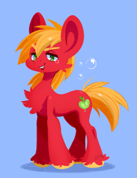 Size: 1683x2189 | Tagged: safe, artist:1an1, big macintosh, earth pony, pony, g4, big ears, blue background, bubble, cheek fluff, chest fluff, eyebrows, eyelashes, eyestrain warning, fetlock tuft, freckles, furrowed brow, lidded eyes, looking at you, male, messy mane, missing accessory, open mouth, open smile, simple background, smiling, smiling at you, solo, stallion, tail, unshorn fetlocks