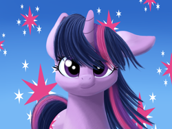 Size: 3200x2400 | Tagged: safe, artist:stellardust, derpibooru exclusive, twilight sparkle, pony, unicorn, g4, abstract background, bust, cute, featured image, female, floppy ears, gradient background, high res, lineless, looking at you, mare, one ear down, portrait, redraw, solo, twiabetes, unicorn twilight