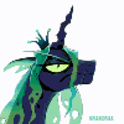 Size: 512x512 | Tagged: safe, artist:anoraknr, queen chrysalis, changeling, g4, animated, cheese, cheese slap, crown, digital art, fangs, female, food, gif, green eyes, green hair, insect wings, jewelry, pixel art, queen chrysalis is not amused, regalia, simple background, sliced cheese, solo, unamused, white background, wings
