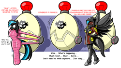 Size: 3200x1800 | Tagged: safe, artist:flashpointgear, oc, oc only, oc:nightlight aura, pegasus, anthro, bondage, breasts, crossover, dialogue, doctor eggman, egg, encasement, grin, latex, latex suit, mind control, mummification, mummified, mummy, pegasus oc, smiling, sonic the hedgehog (series), wings