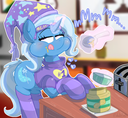 Size: 980x910 | Tagged: safe, artist:malachimoet, trixie, pony, unicorn, g4, blushing, clothes, female, food, hat, mare, nightcap, peanut butter, puffy cheeks, socks, solo, spoon, stockings, striped socks, thigh highs, toaster, tongue out