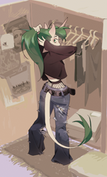Size: 3000x4960 | Tagged: safe, artist:nevsky beer, oc, oc only, oc:sugarstar, unicorn, anthro, clothes, looking back, ponytail, solo, torn clothes, wardrobe