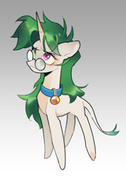 Size: 4960x7015 | Tagged: safe, artist:nevsky beer, oc, oc only, oc:sugarstar, pony, unicorn, bell, bell collar, collar, glasses, gradient background, looking up, messy hair, solo, standing, tired