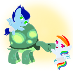 Size: 1400x1400 | Tagged: safe, artist:mlplary6, tank, oc, oc:blue skies, oc:speedy dash, pegasus, pony, tortoise, g4, animal, baby, baby pony, colt, diaper, eyes closed, female, filly, foal, friends, male, offspring, parent:rainbow dash, parent:soarin', parents:soarindash, pet, playing, siblings, smiling, twins
