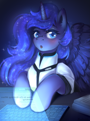 Size: 1085x1460 | Tagged: safe, artist:blueomlette, princess luna, alicorn, pony, g4, blushing, clothes, computer, connor luna, crossover, detroit: become human, dexterous hooves, ear fluff, ethereal mane, eyebrows, eyelashes, feathered wings, female, horn, laptop computer, looking at you, mare, open mouth, solo, spread wings, starry mane, typing, uniform, wings, writing