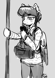 Size: 1119x1569 | Tagged: safe, artist:zowzowo, oc, oc only, oc:kat, pegasus, anthro, backpack, earbuds, monochrome, phone, public transportation, sketch, solo