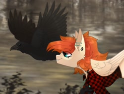 Size: 2560x1955 | Tagged: safe, artist:elektra-gertly, oc, oc:ray muller, bird, pegasus, pony, raven (bird), clothes, collar, ear piercing, pet, piercing, shirt, tattoo