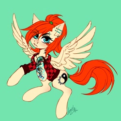 Size: 1800x1800 | Tagged: safe, artist:lomilykohi, oc, oc only, oc:ray muller, pegasus, pony, clothes, ear piercing, eyeshadow, green background, makeup, piercing, ponytail, signature, simple background, solo, spread wings, tattoo, wings