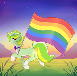 Size: 2893x2846 | Tagged: safe, artist:kaenn, oc, oc only, oc:limine motion, pony, unicorn, green pony, high res, mountain, pride, pride flag, pride month, solo, sunset