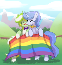 Size: 2893x3053 | Tagged: safe, artist:kaenn, oc, oc only, oc:katzeneln, oc:limine motion, pony, unicorn, couple, duo, fence, gay, gay pride, green pony, high res, mountain, pride, pride flag, pride month, sunset