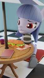 Size: 2160x3840 | Tagged: safe, alternate version, artist:the luna fan, derpibooru exclusive, oc, oc only, oc:cosmia nebula, earth pony, pony, 3d, blender, blender cycles, book, clothes, drink, food, high res, outdoors, pillow, sandwich, smiling, socks, solo, striped socks, table, umbrella