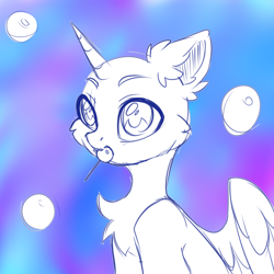 Size: 2500x2500 | Tagged: safe, artist:stesha, oc, pony, abstract background, advertisement, any gender, any race, bust, candy, chest fluff, commission, cute, ear fluff, food, high res, lollipop, looking away, solo, your character here