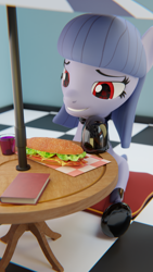 Size: 2160x3840 | Tagged: safe, alternate version, artist:the luna fan, derpibooru exclusive, oc, oc only, oc:cosmia nebula, earth pony, pony, 3d, blender, blender cycles, book, clothes, drink, food, high res, latex, latex socks, outdoors, pillow, sandwich, smiling, socks, solo, table, umbrella