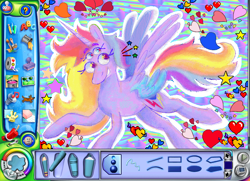 Size: 800x580 | Tagged: safe, artist:msponies, alicorn, pony, g4, colored wings, four eyes, four wings, fusion, fusion:princess celestia, fusion:rainbow dash, kid pix, multicolored hair, multicolored wings, multiple eyes, multiple wings, solo, wings