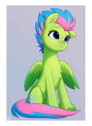 Size: 1100x1500 | Tagged: safe, artist:luminousdazzle, luminous dazzle, pegasus, pony, g5, background pony, blue eyes, chest fluff, female, floppy ears, gradient background, looking up, mare, multicolored hair, short hair, sitting, solo, unshorn fetlocks